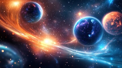 Poster - Quantum planets emitting soft light and connected by invisible gravitational waves the background