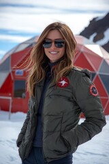 An attractive young woman poses in front of red outdoor architecture in Iceland at winter in snowy conditions