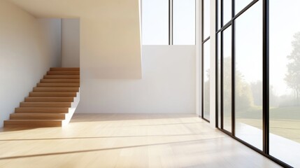 Aufkleber - A large, empty room with a staircase leading up to it