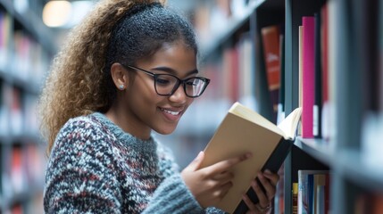 In a serene library, a young woman with curly hair and glasses smiles as she reads a book, immersed in the peaceful atmosphere of knowledge and learning