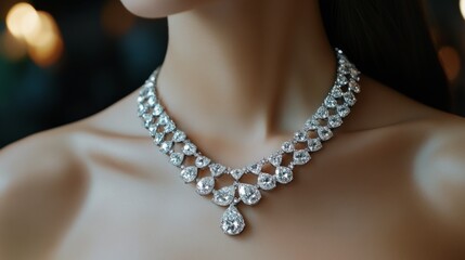 A woman wearing a necklace with diamonds and pearls