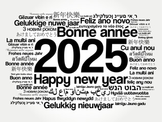 Wall Mural - 2025 Happy New Year in different languages, celebration word cloud greeting card