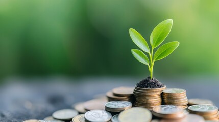 a green plant grows from a pile of coins, symbolizing the connection between nature and finance, rep