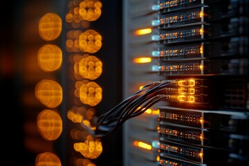 Poster - A close-up view of server racks showing glowing orange network cables, representing modern technology, connectivity, and digital infrastructure in a data center environment.