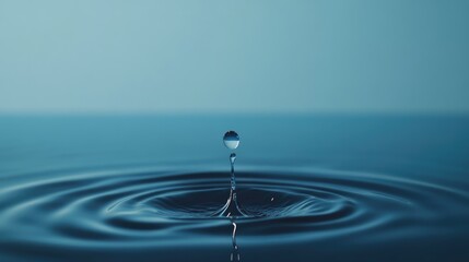 Poster - 3d render of a single water droplet descending against a blue backdrop creating abstract wavy ripple