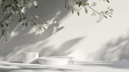 Poster - abstract minimalist nature setting featuring two white podiums against a gray backdrop with soft flo