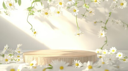 3D background featuring a wooden podium for displaying products White daisies cascade down ideal for cosmetic or beauty promotions against a bright spring inspired setting