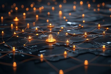 Poster - A futuristic depiction of a digital network with interconnected pathways highlighted by an illuminated lock, symbolizing cybersecurity and data protection.