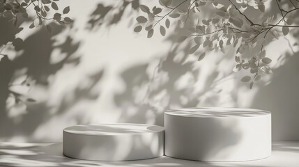 Poster - abstract minimalist nature setting featuring two white podiums against a gray backdrop with soft flo