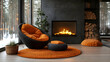 © marisca - Cozy Living Room Interior Design with Fireplace and Orange Chair - 3D Illustration