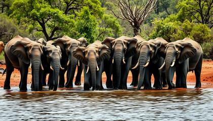 Herd of young African elephants playing at a waterhole in the African wilderness isolated with white shades, png