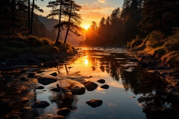 Wall Mural - Serene sunset over a river, reflecting nature's beauty and tranquility.