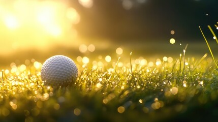 a close up of a white dimpled golf ball on a tee with a softly blurred lush fairway and distant hole