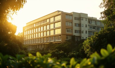 Poster - A modern building with large windows is framed by lush greenery and bathed in the warm glow of the setting sun.