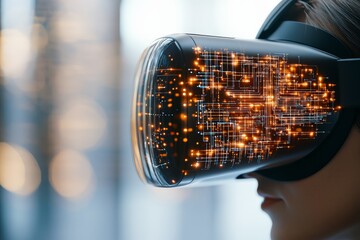 Poster - A close-up of a sleek virtual reality headset displaying a complex digital interface, showcasing the convergence of modern technology and immersive experiences.