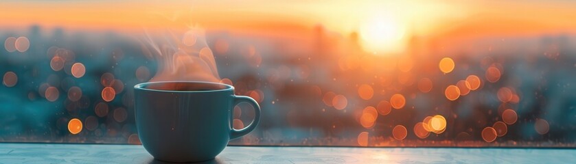 A cup of coffee is sitting on a table with a beautiful view of the sun setting