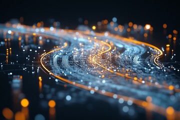 Poster - Abstract representation of glowing and flowing digital circuits by night in a blended blue-orange scheme, symbolizing modern connectivity and technological elegance.