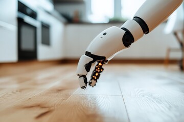 Poster - A close-up of a white robotic arm delicately and precisely interacting with a wooden floor, symbolizing the advanced automation technology in modern robotics.