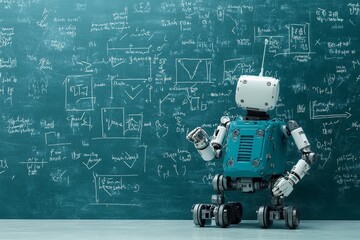 Poster - A humanoid robot is seen writing complex mathematical equations on a green chalkboard in a classroom environment, emphasizing education and AI learning technology.
