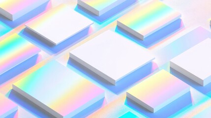 Poster - A collection of blank white A4 poster business card and flyer mockups arranged diagonally featuring rainbow light refraction effects on a blue concrete surface Isometric perspective