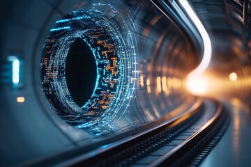 Poster - This image showcases a futuristic digital tunnel with vibrant blue and orange lights lining the curved walls, symbolizing innovation and connectivity.
