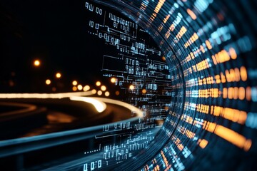 Poster - This image captures a futuristic view of a digital data stream with vivid glowing lights, surrounded by coding symbols reflecting the concept of high-speed communication.