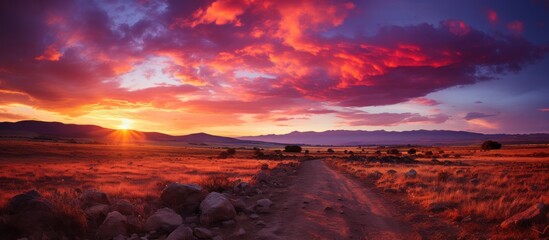 Wall Mural - A vibrant sunset over a dirt road and open landscape, showcasing nature's beauty.