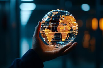 Poster - An artistic depiction of a globe held in a hand, illuminated with golden lights, representing the interconnectedness and innovation of our contemporary global society.