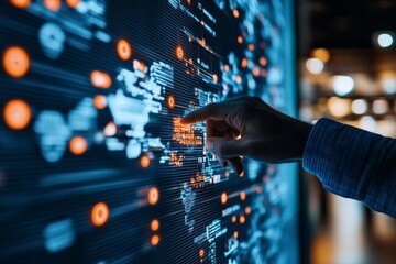 Poster - A person's finger interacts with a world map on a digital screen, manipulating glowing markers, representing global communication and innovative technology.