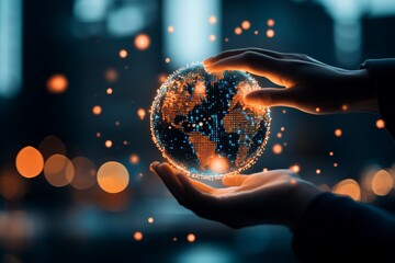 Poster - A pair of hands frame a luminous holographic globe, with urban lights highlighting continents, emphasizing themes of technology and connectivity in a dark setting.