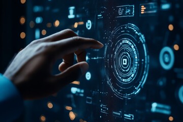 Poster - A finger touches a circular digital interface, symbolizing advanced technology, user interaction, and futuristic navigation in a virtual environment.