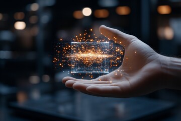 Poster - A hand showcases a digital cube surrounded by glowing particles, reflecting themes of innovation, data organization, virtual reality, and futuristic design.