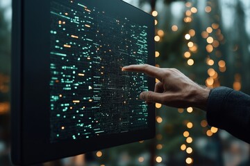 Poster - Person points to a glowing digital interface, surrounded by bokeh lights, representing technology integration in modern society and connectivity.