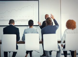 Poster - Speaker, question and people in office for presentation, finance report and pitch for investment opportunity. Man presenter, investor engagement or chart on screen for growth projection with timeline