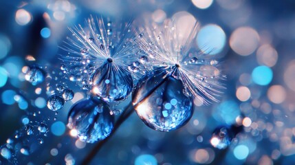 Poster - Abstract blue background featuring dandelion seed reflections on a mirrored surface enhanced by sparkling water droplets in a close up macro perspective A vibrant artistic composition