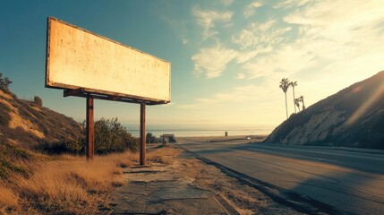 An empty billboard along a highway near a picturesque sunlit beach