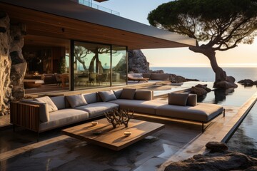 Luxurious outdoor living space with a view of the sea at sunset.