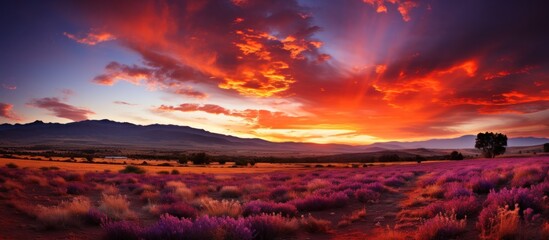 Wall Mural - A vibrant sunset over a field of purple flowers and mountains in the background.