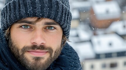 Young man with a beard wearing a knit hat in a snowy setting, AI