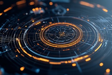 Poster - A high-tech digital interface showcasing intricate circular orange patterns, suggesting futuristic concepts and advanced technological design in a modern setting.