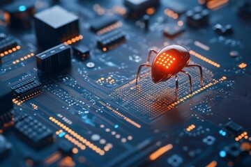 Poster - A futuristic, glowing robotic insect is perched on an illuminated circuit board, symbolizing the interaction between nature and technology in a digital world.