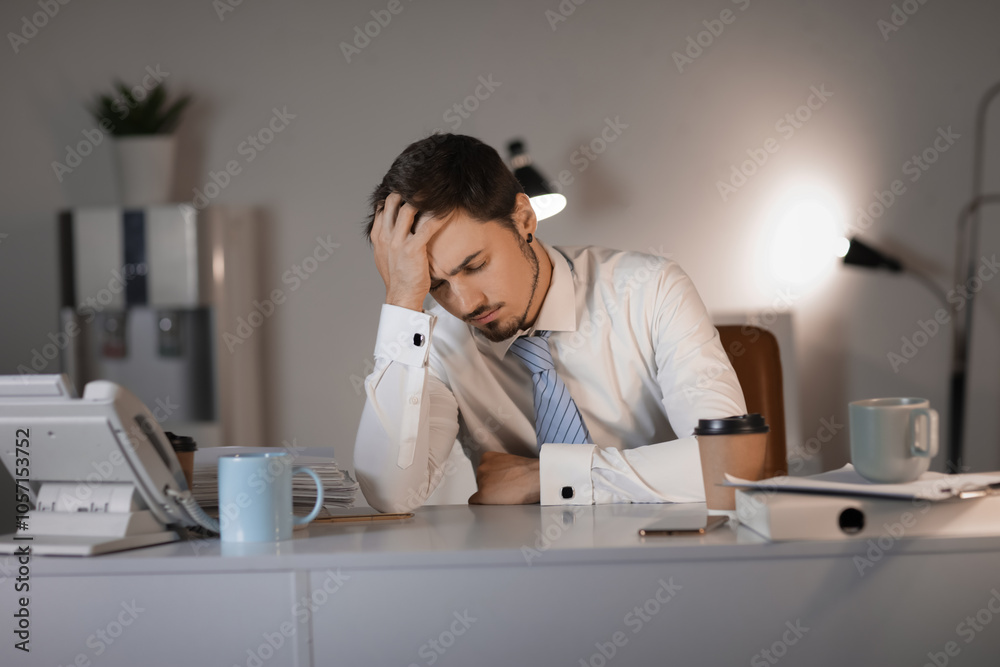 Stressed businessman working in office at night