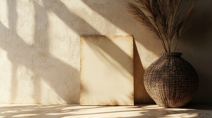 Poster - A rustic brochure mockup leans against a softly illuminated wall accompanied by a textured vase and organic decor that creates gentle shadows