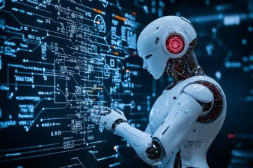 Poster - A humanoid robot interacts with complex digital circuits on a futuristic interface, suggesting technology and intelligence advancements by humans and AI innovation.