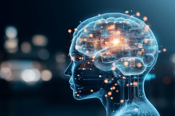 Poster - A digital depiction of a human brain showcasing interconnected neural data, representing human thought processes and technology in a futuristic style.