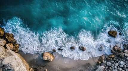 Aerial perspective of rocky coastline with ocean waves crashing against the shore