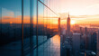 A modern glass wall in a high-rise building, reflecting the city skyline at sunset, creating a striking visual contrast