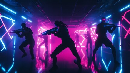 A group of people are playing a video game in a neon-lit room