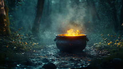 A rustic, cast-iron cauldron with a glowing, toxic brew, isolated in a misty forest clearing