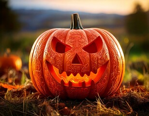 a scary halloween pumpkin on a field, glowing face, ai generated